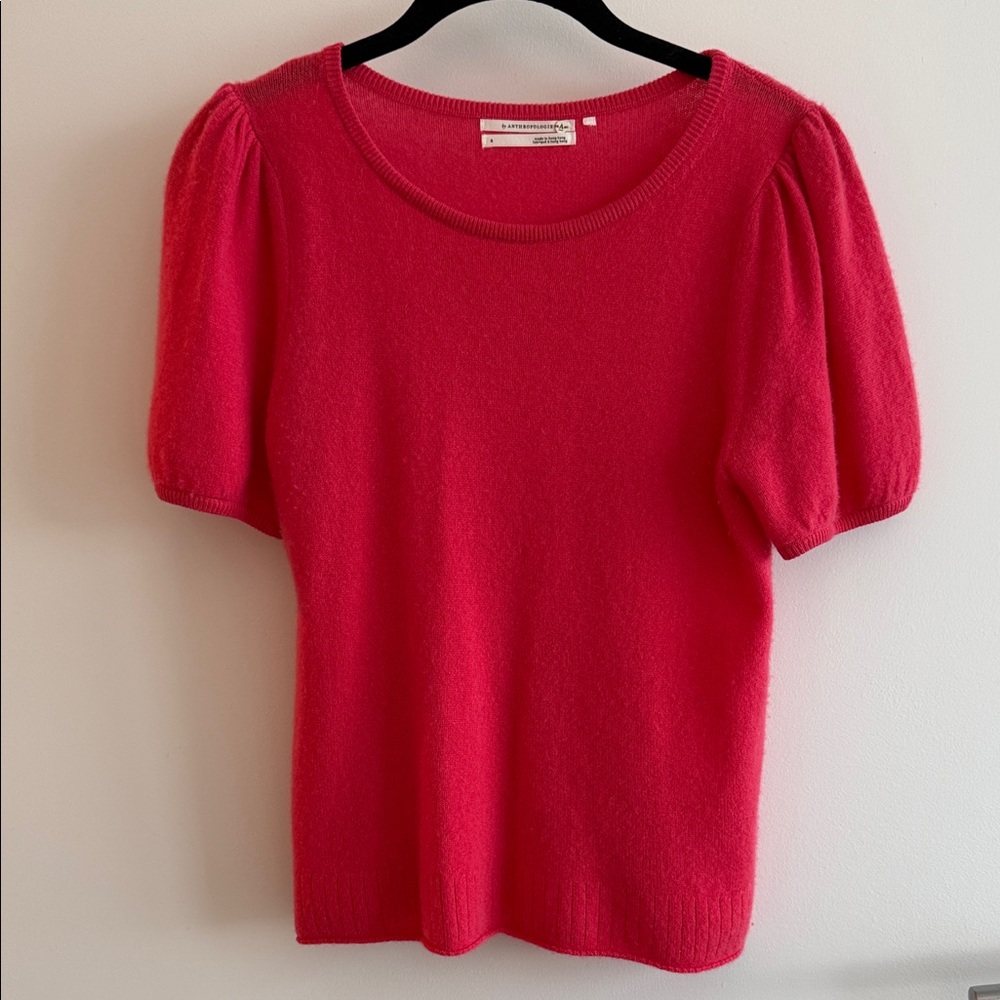 Anthropologie Raspberry Puff Sleeve Cashmere Sweater